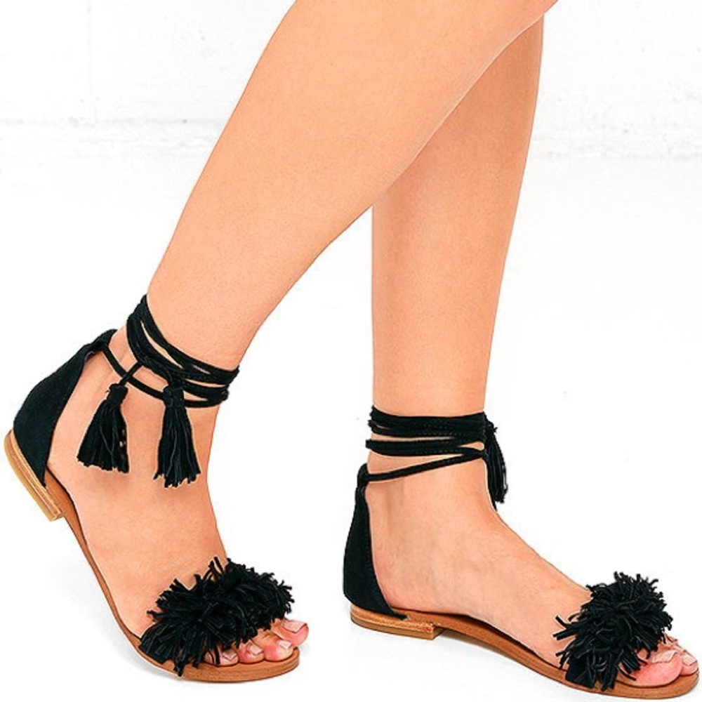 Sweetyy Black Suede Leather Lace-Up Sandals